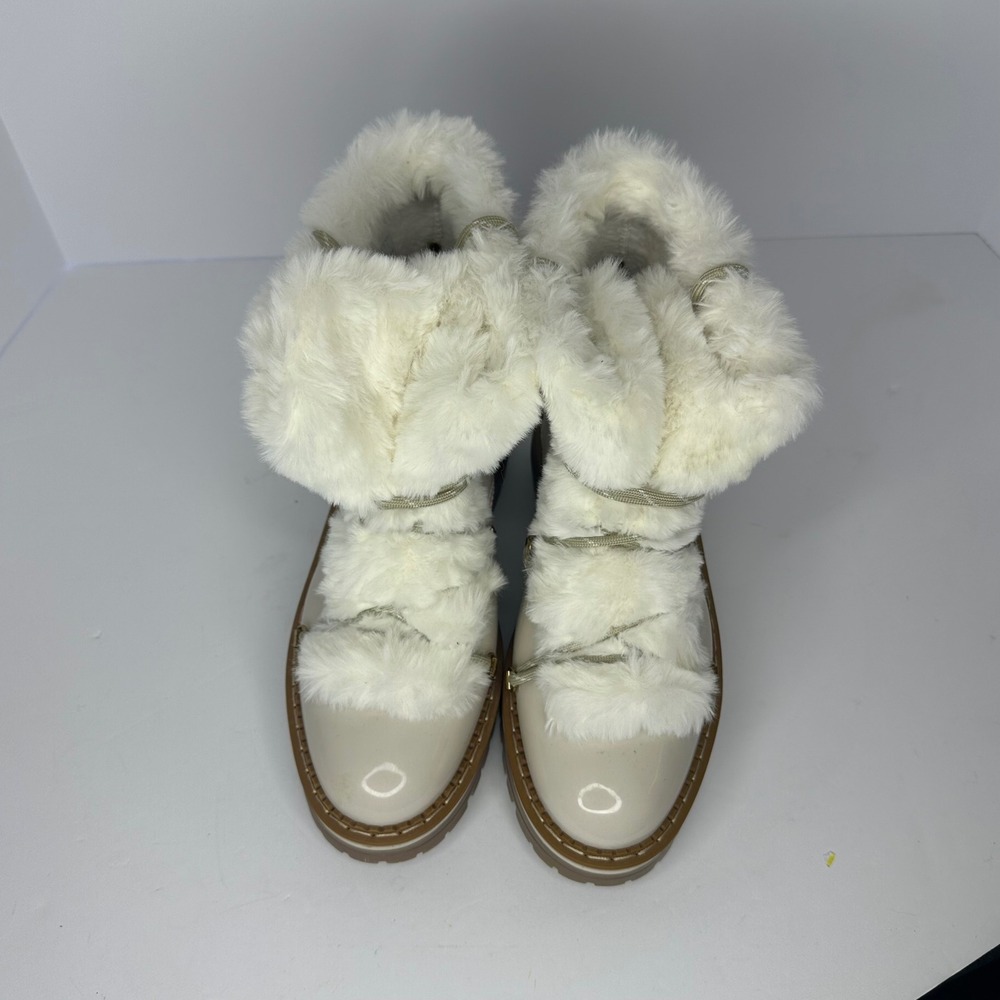 Tommy Hilfiger TWARMINI Cream Patent Faux Fur Winter Boots Womens 8M Lug Sole